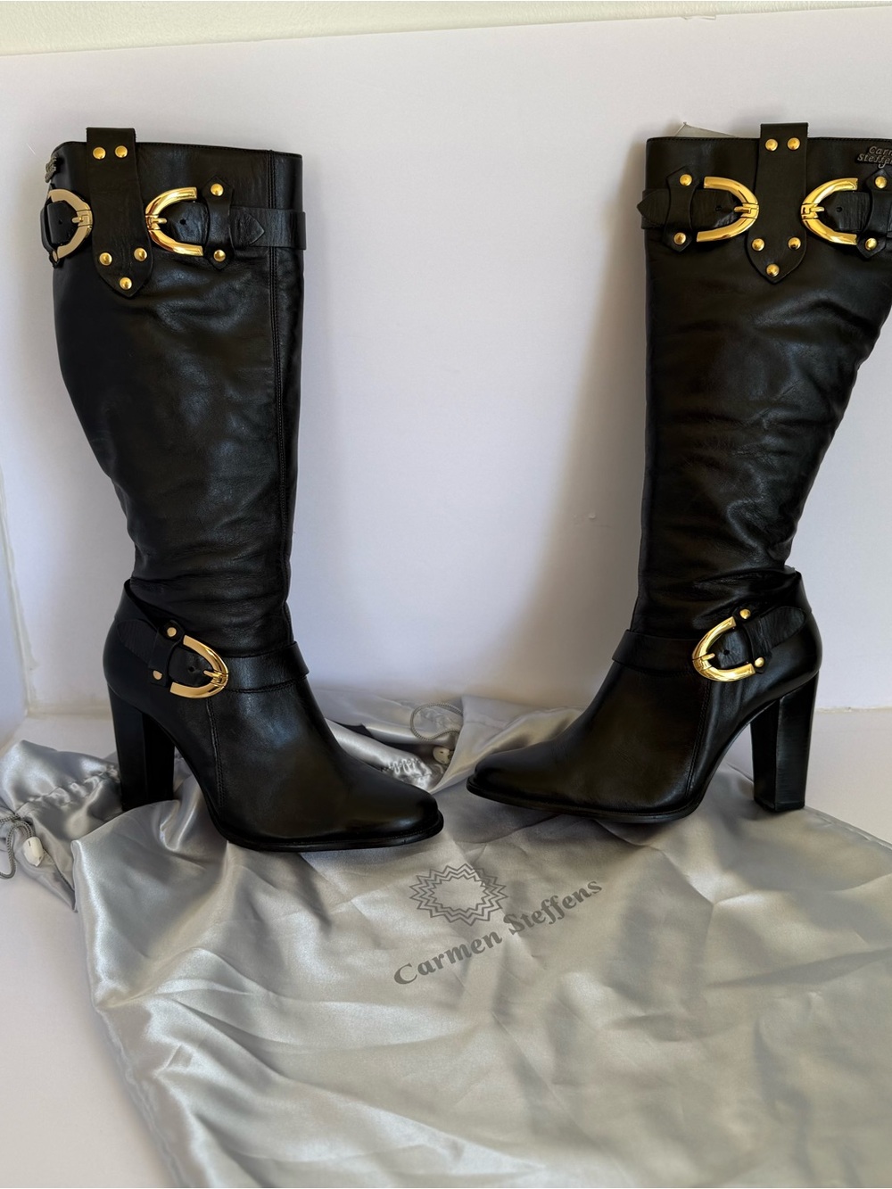 Carmen Steffens Black Leather Knee Boots with Gold Buckle
